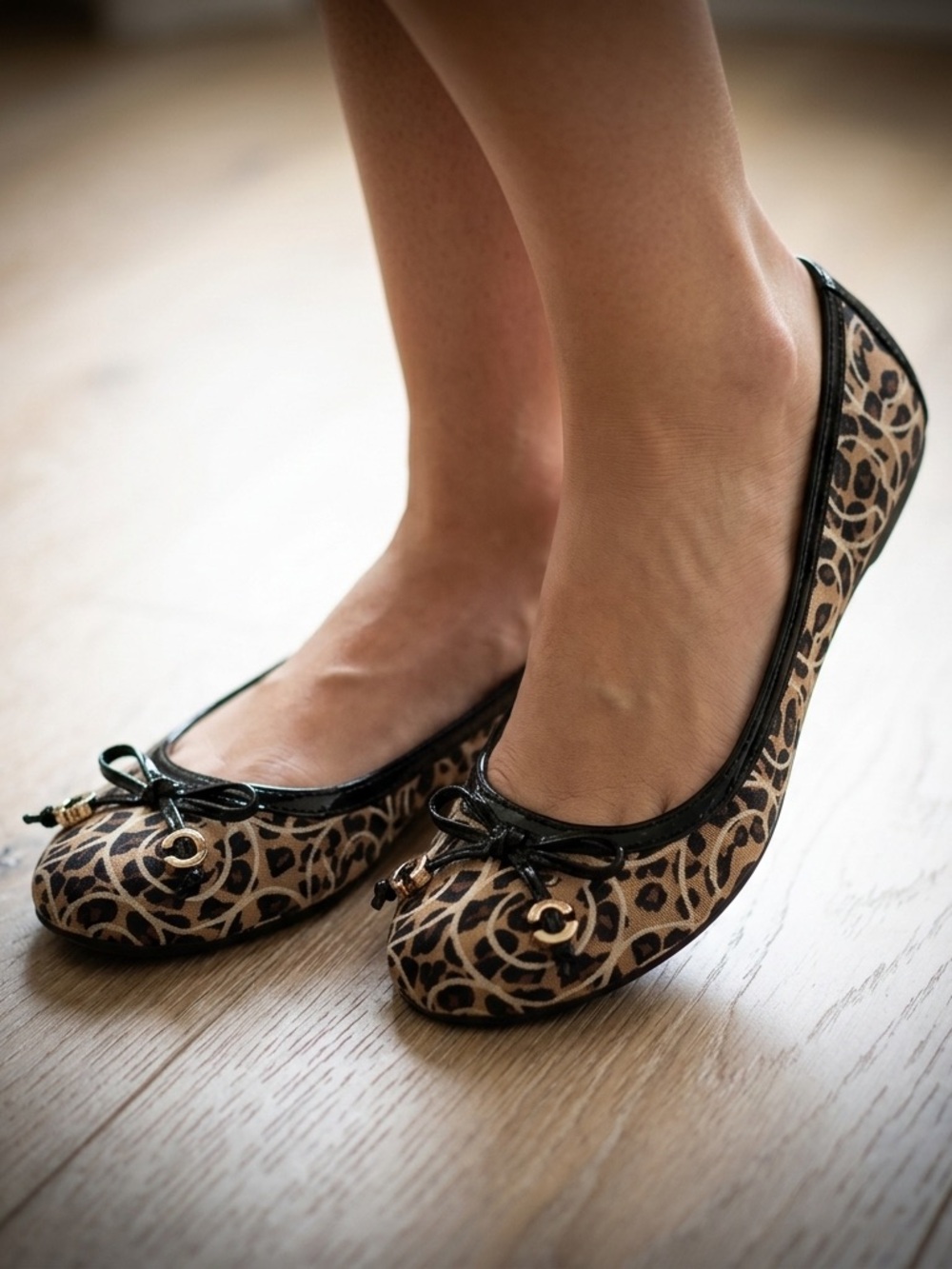 Coach Annette Leopard Print Ballet Flats Gold C Bow Detail